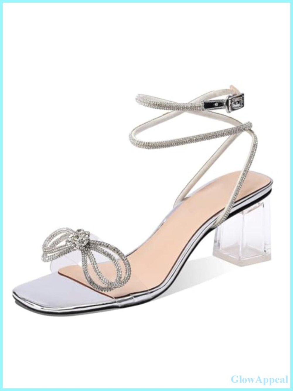 Bow Heels Rhinestone Chunky Block Heeled Sandals Square Toe Ankle Strap
